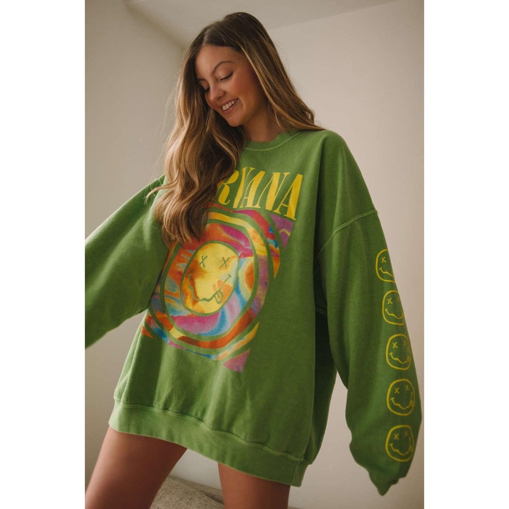 Nirvana Green Sweatshirt Tie Dye Smiley Face, Oversized Small Medium Dopamine
